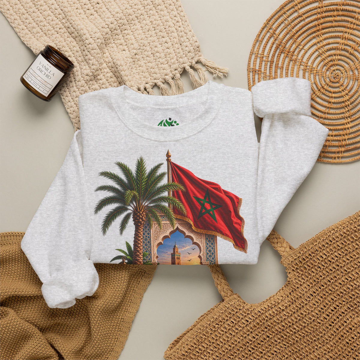 Moroccan Medley Crewneck Sweatshirt — Moroccan Flag & Desert Scene
