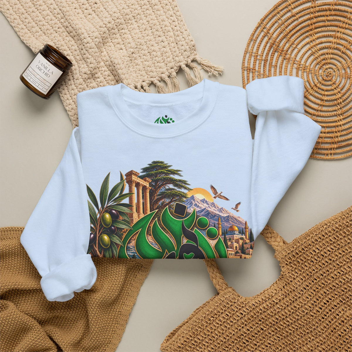 Levant Arabic Calligraphy Crewneck Sweatshirt | Middle Eastern Landscape Design