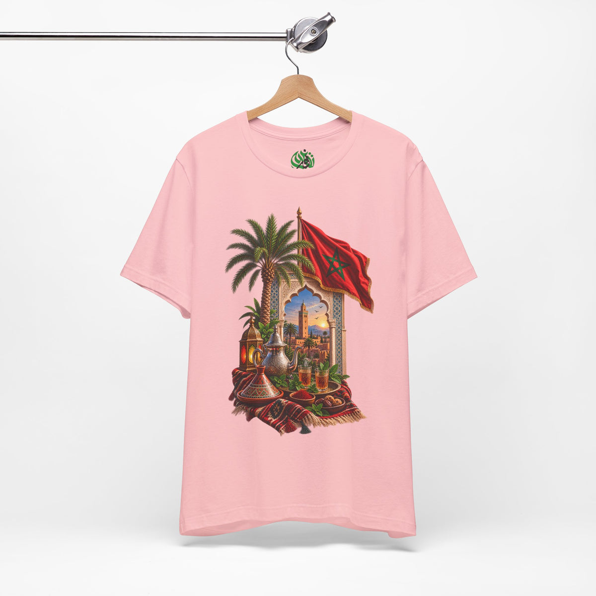 Moroccan Flag Medina Scene T-Shirt | Palm Tree, Lanterns, Tea Set