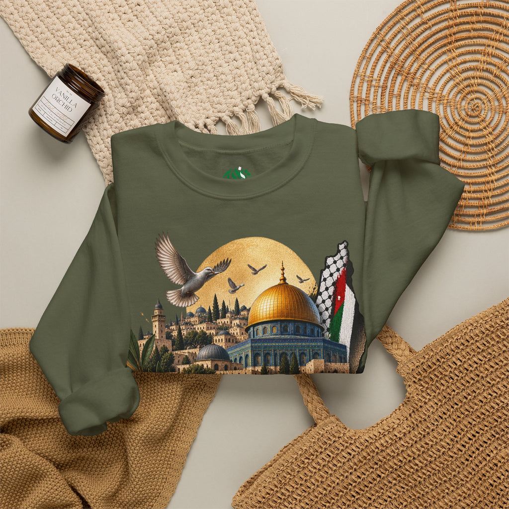 Sweat-shirt illustré du Dôme du Rocher à Jérusalem | Calligraphie arabe, drapeau palestinien