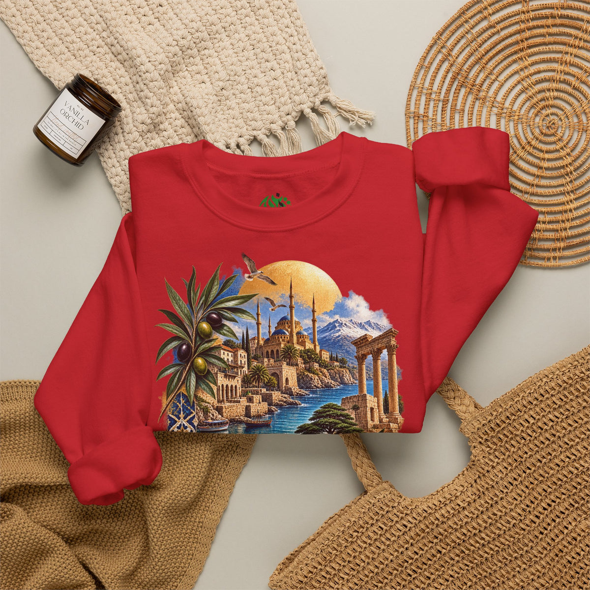 Levant vintage coastal illustration sweatshirt | Arabic script seaside scene