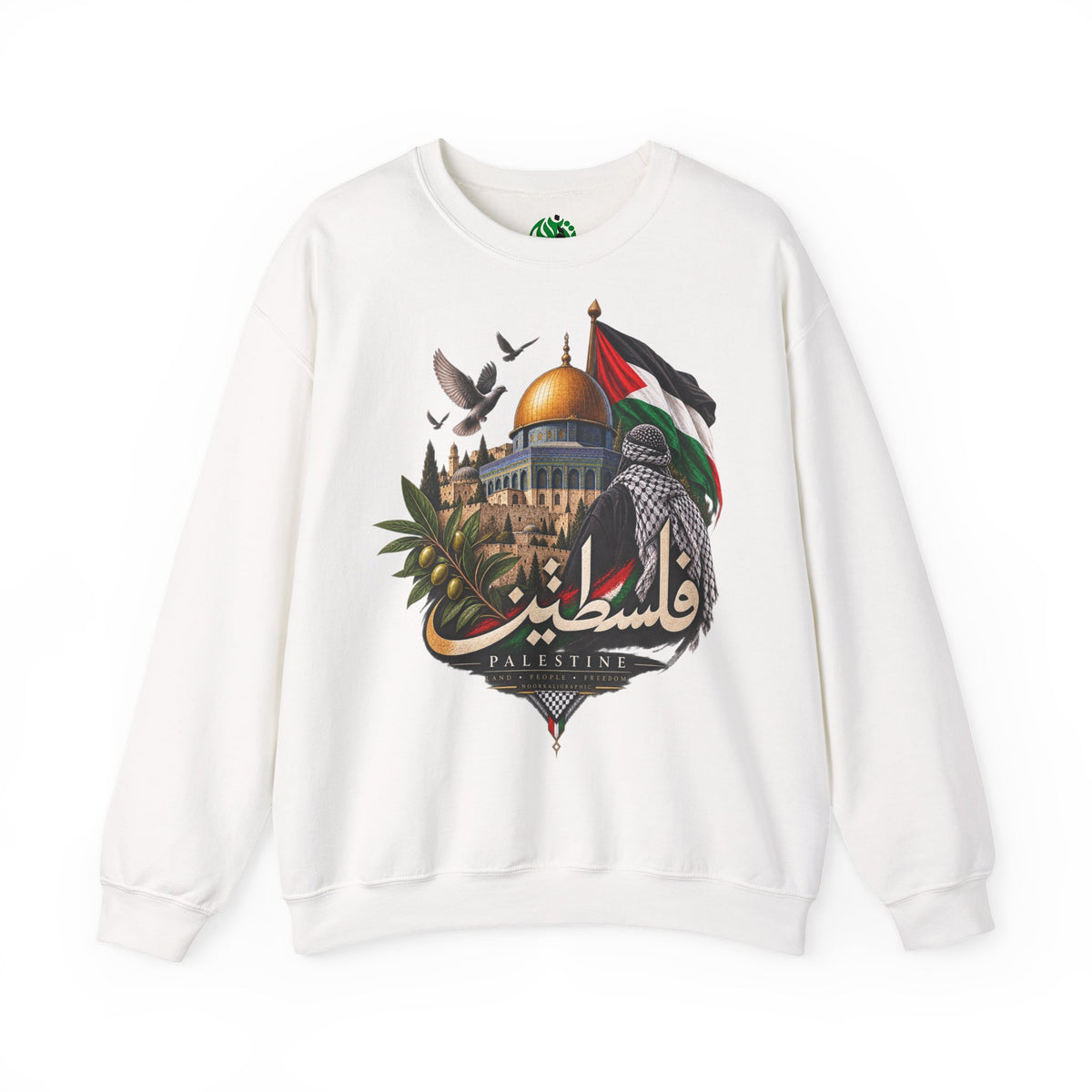 Palestine Dome of the Rock Sweatshirt — Solidarity Crewneck with Keffiyeh & Olive Branch Design