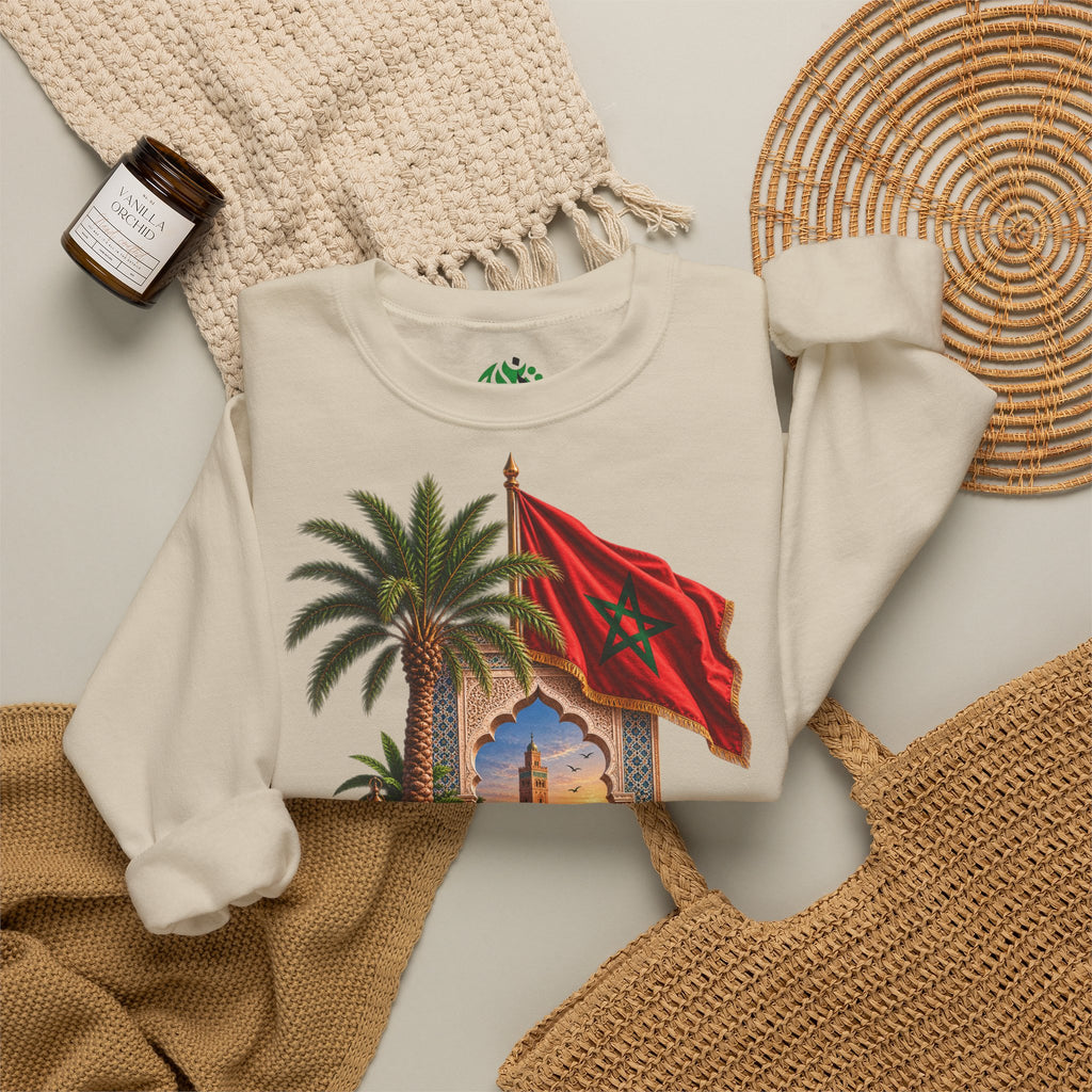Moroccan Medley Crewneck Sweatshirt — Moroccan Flag & Desert Scene