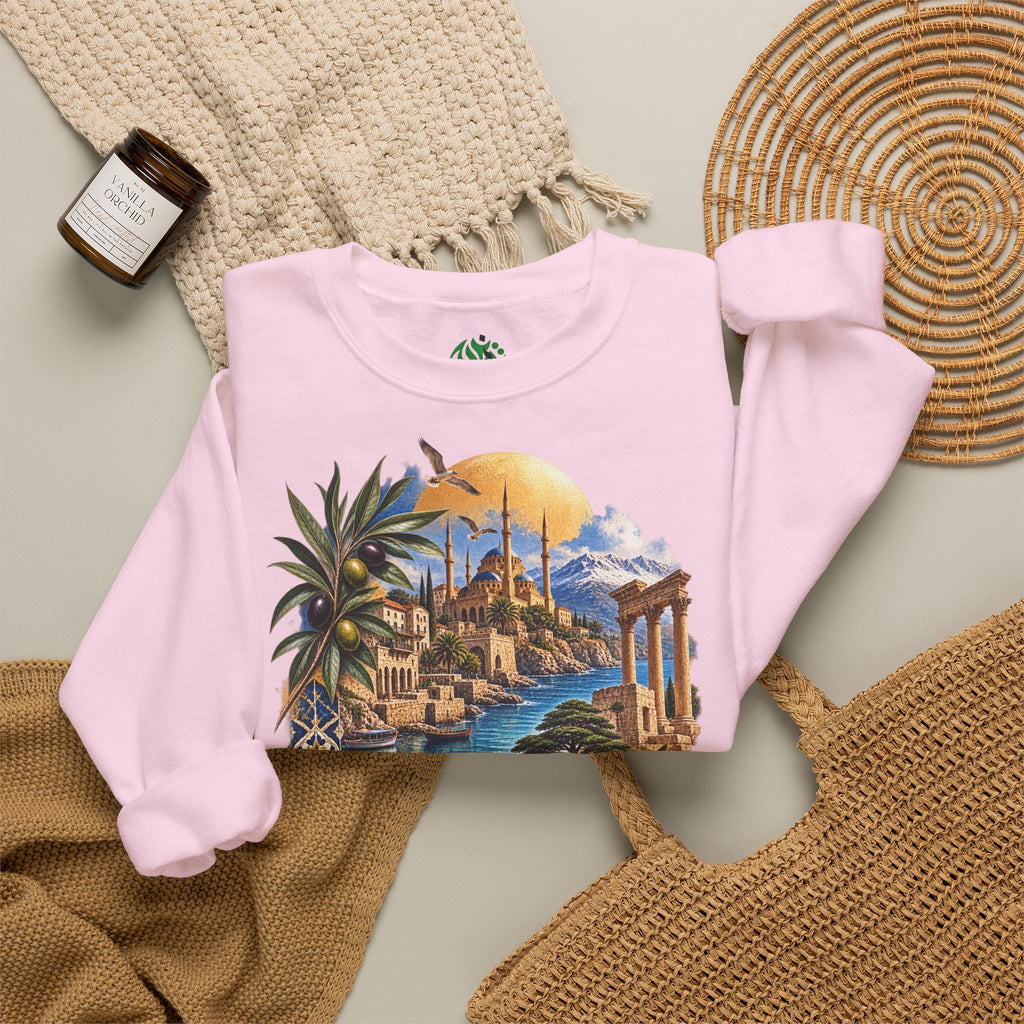 Levant vintage coastal illustration sweatshirt | Arabic script seaside scene