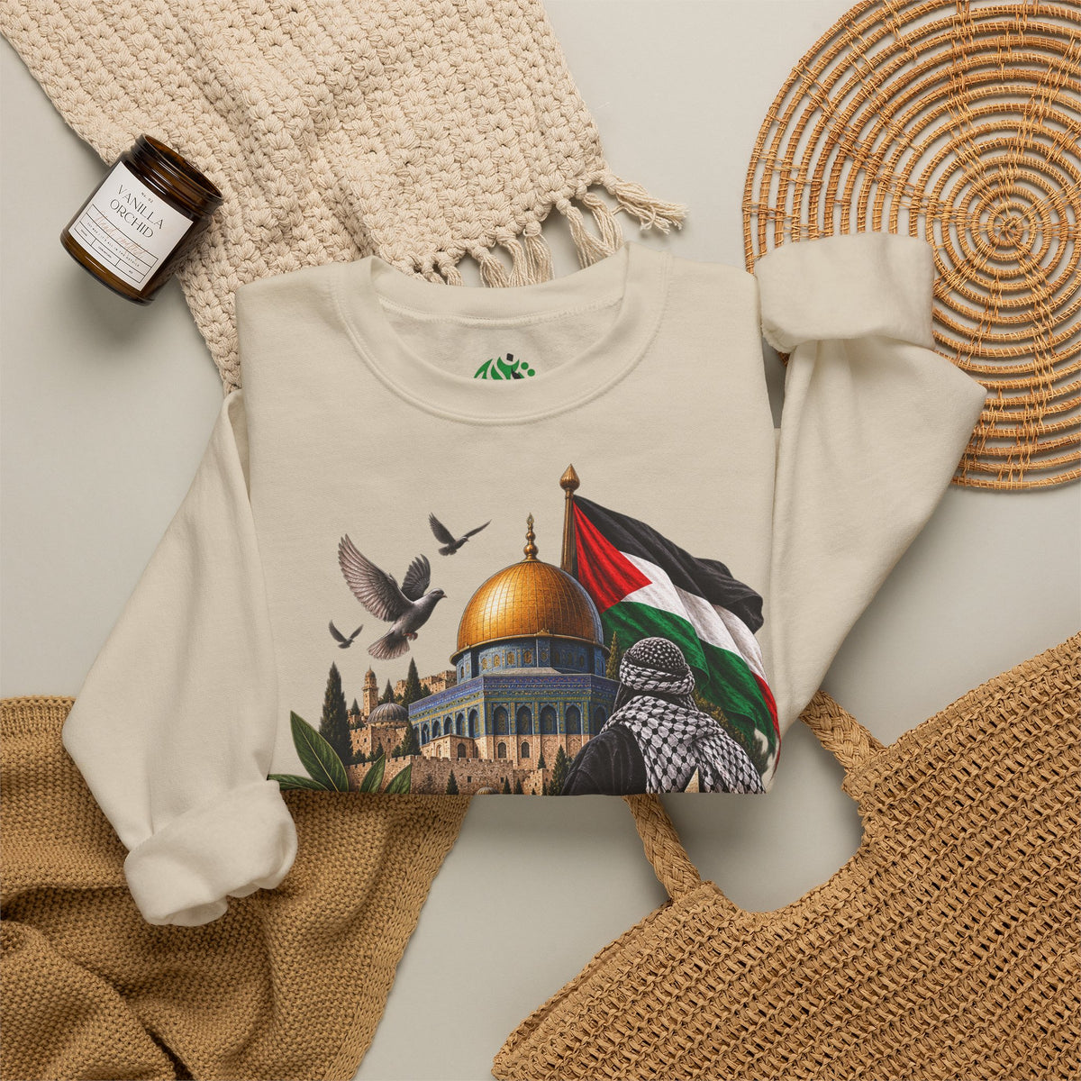Palestine Dome of the Rock Sweatshirt — Solidarity Crewneck with Keffiyeh & Olive Branch Design