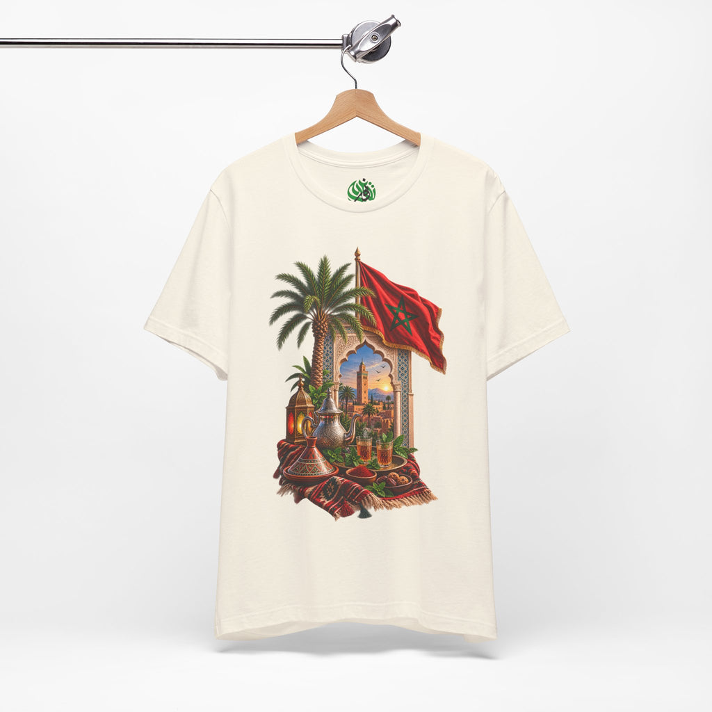 Moroccan Flag Medina Scene T-Shirt | Palm Tree, Lanterns, Tea Set