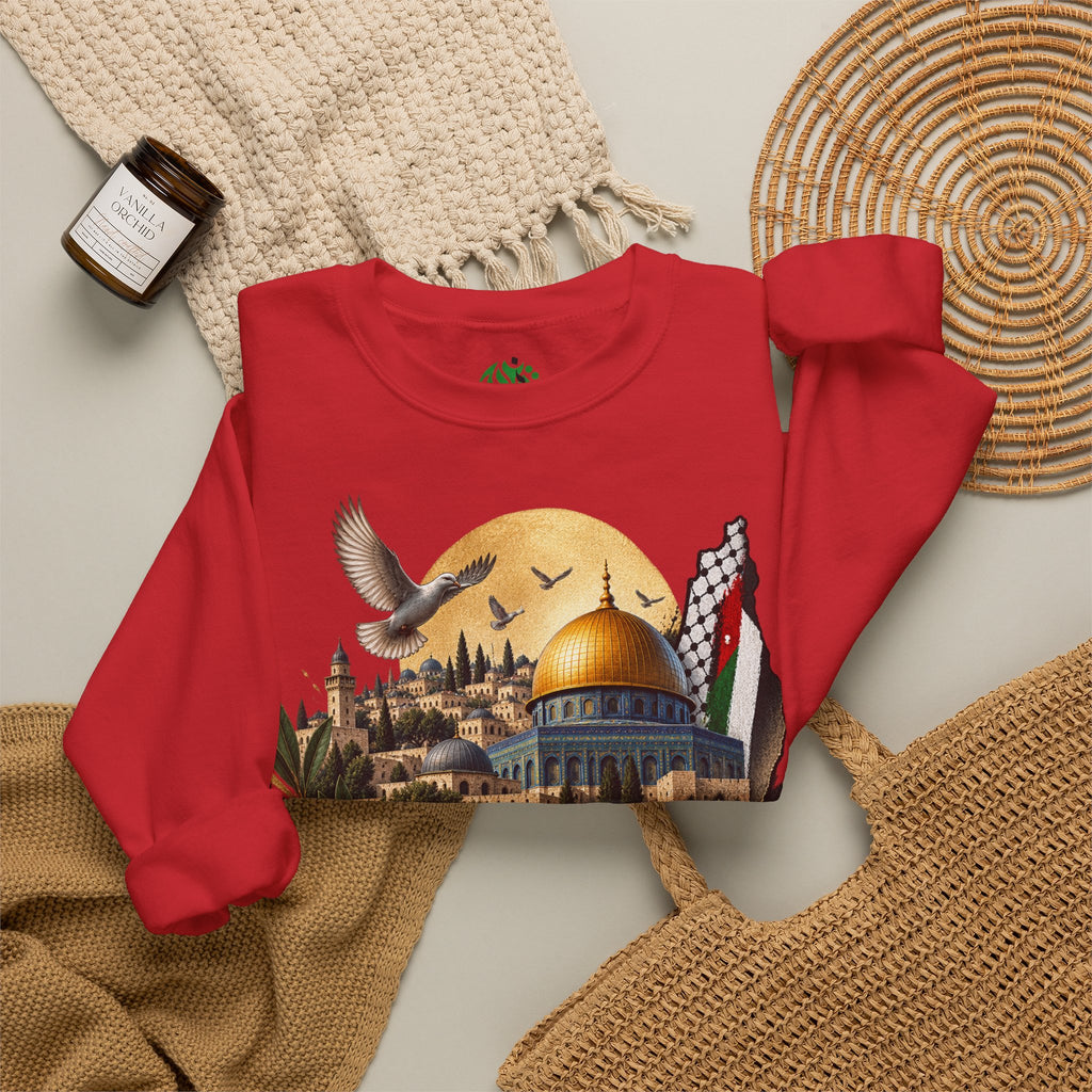 Sweat-shirt illustré du Dôme du Rocher à Jérusalem | Calligraphie arabe, drapeau palestinien