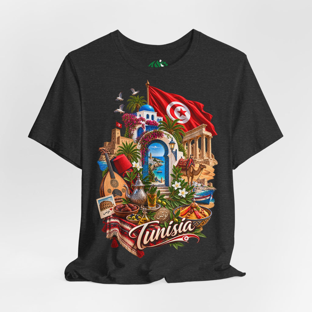 Tunisia travel collage T-Shirt | Tunis flag, medina, guitar, palm trees