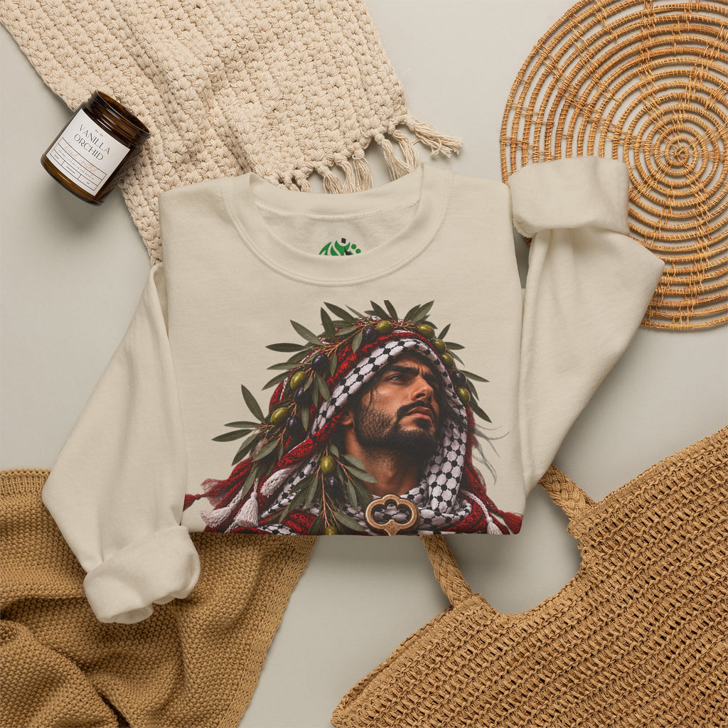 Crewneck Sweatshirt — Majestic Palestinian Liberation Portrait (keffiyeh & key)