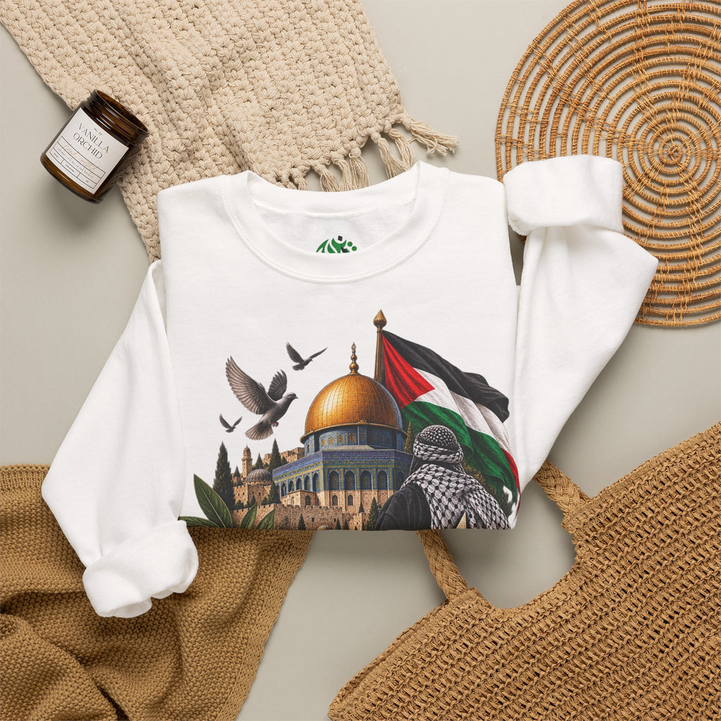Palestine Dome of the Rock Sweatshirt — Solidarity Crewneck with Keffiyeh & Olive Branch Design