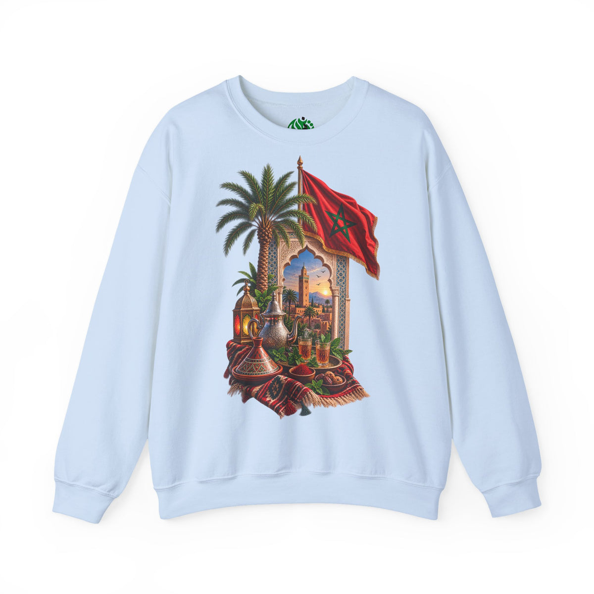 Moroccan Medley Crewneck Sweatshirt — Moroccan Flag & Desert Scene