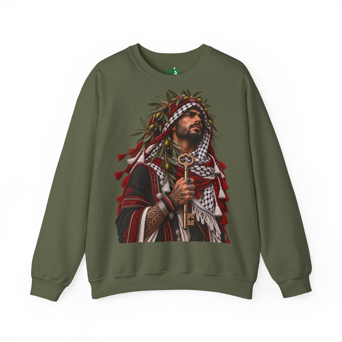 Crewneck Sweatshirt — Majestic Palestinian Liberation Portrait (keffiyeh & key)