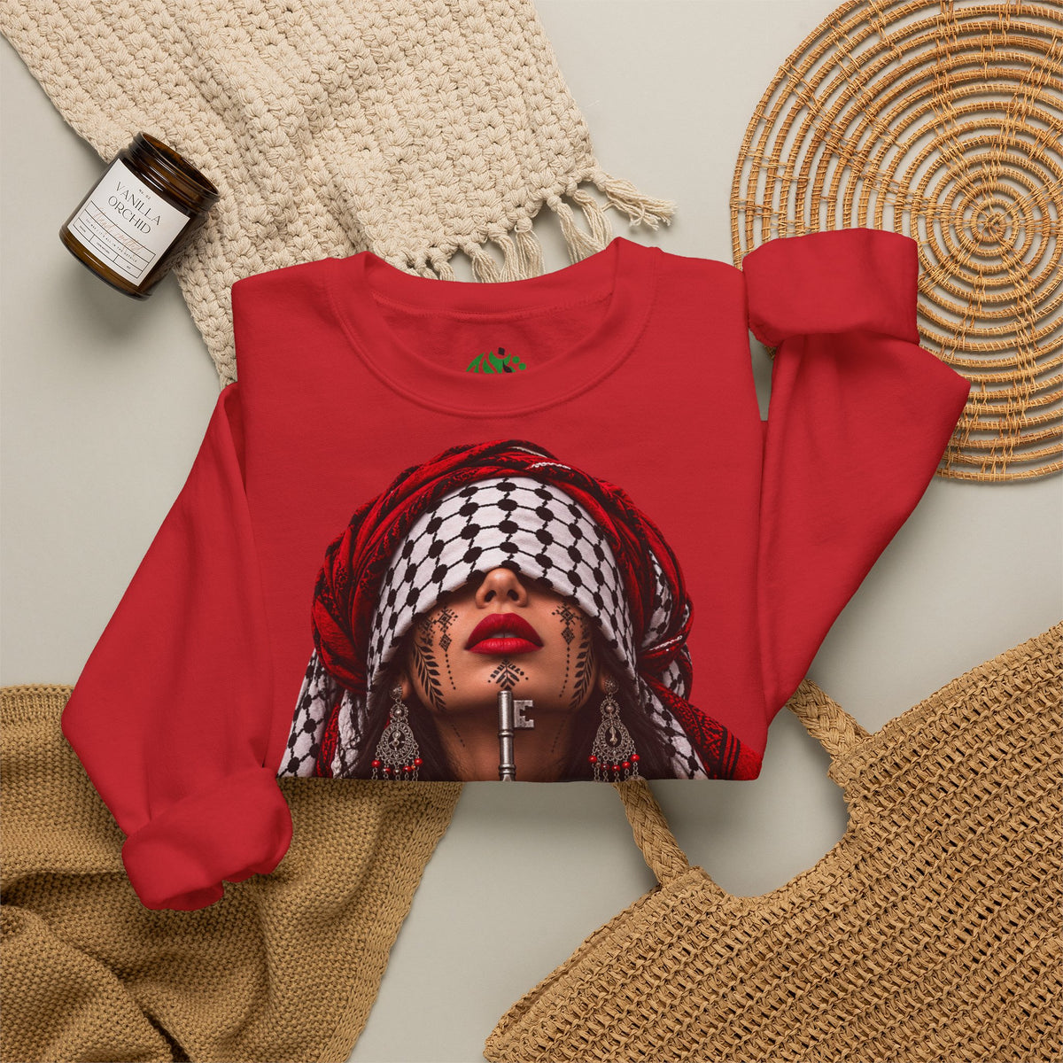 Sweatshirt graphique femme Keffieh palestinien — Pull col rond portrait de résilience