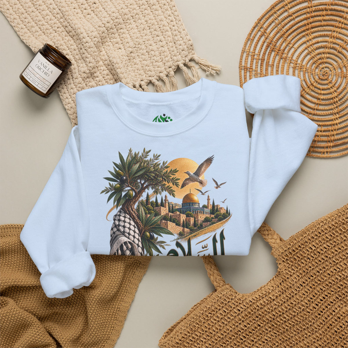 Arabic Palm Oasis Graphic Sweatshirt — "السلام" Poésie Crewneck