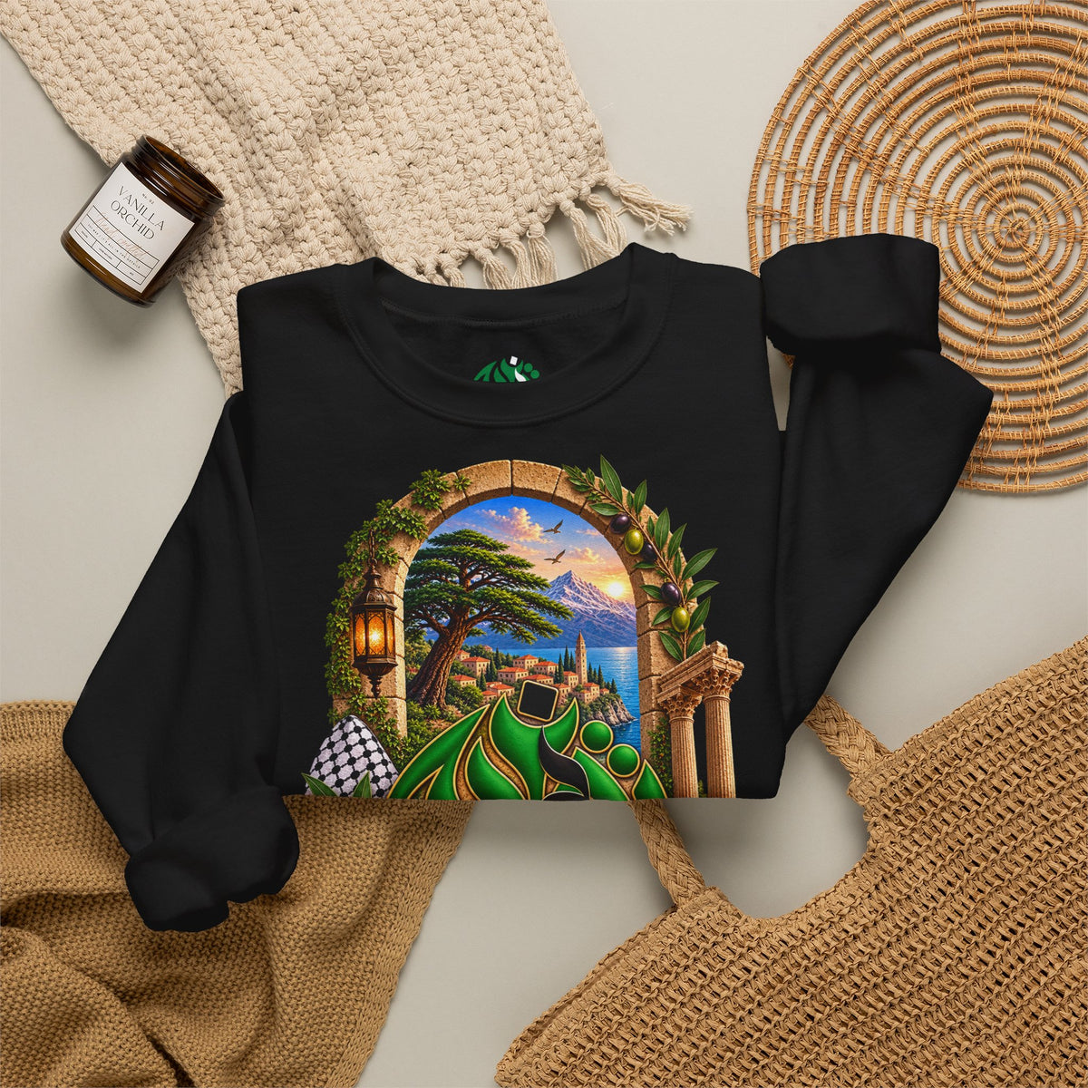 Levant Arabic Calligraphy Crewneck Sweatshirt | Scenic Mediterranean Artwork