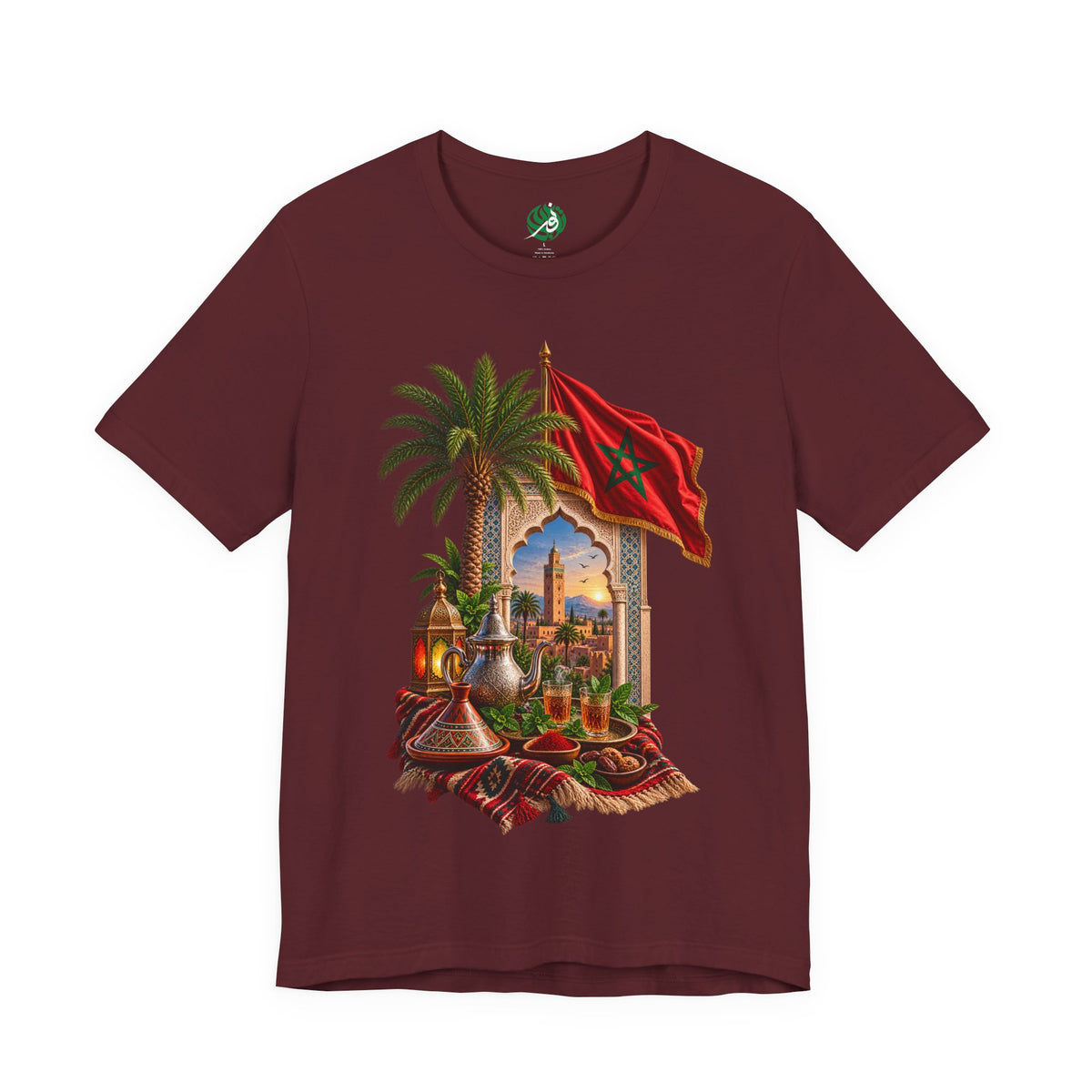 Moroccan Flag Medina Scene T-Shirt | Palm Tree, Lanterns, Tea Set
