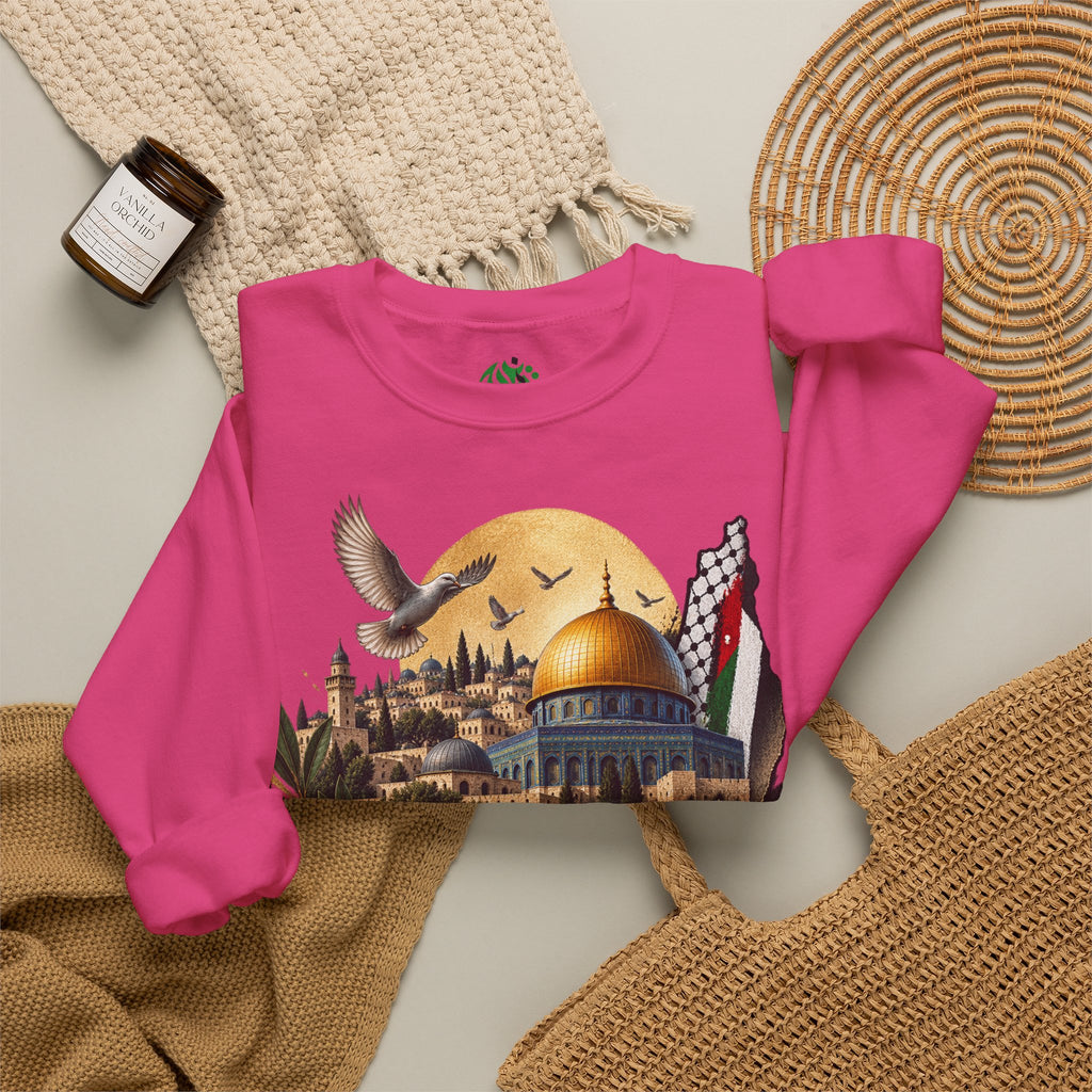 Sweat-shirt illustré du Dôme du Rocher à Jérusalem | Calligraphie arabe, drapeau palestinien