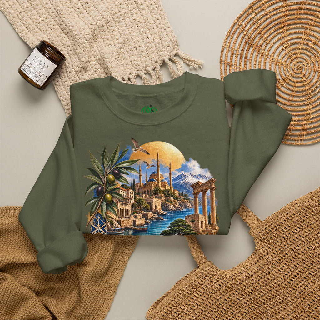 Levant vintage coastal illustration sweatshirt | Arabic script seaside scene