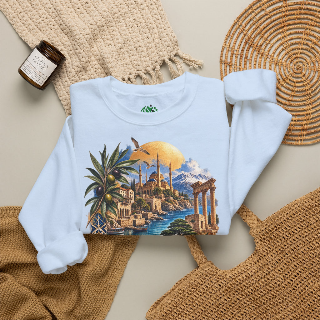 Levant vintage coastal illustration sweatshirt | Arabic script seaside scene