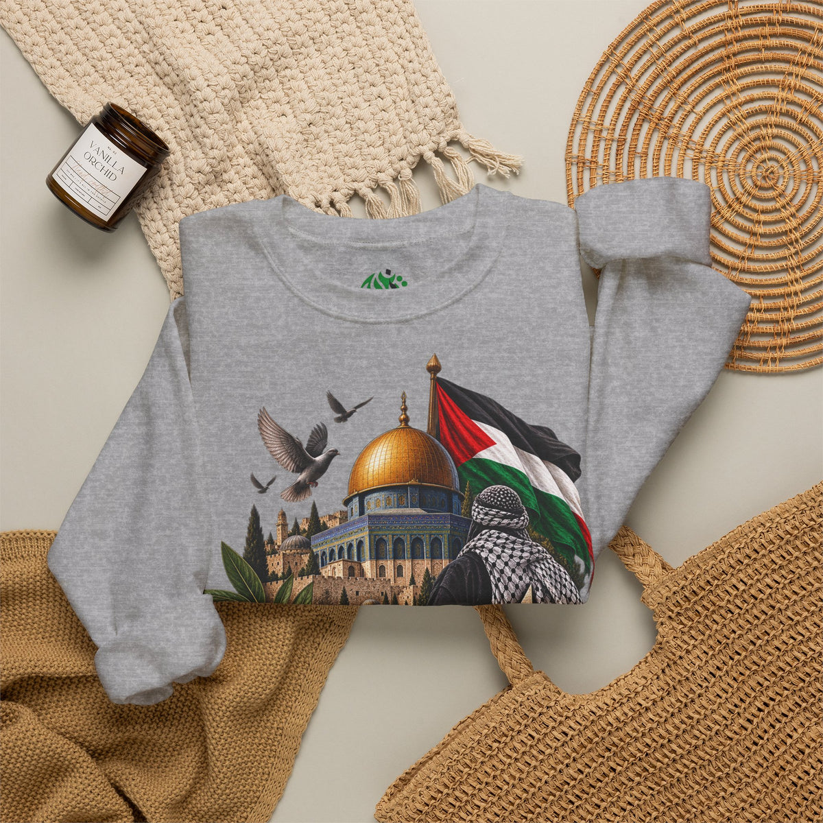 Palestine Dome of the Rock Sweatshirt — Solidarity Crewneck with Keffiyeh & Olive Branch Design