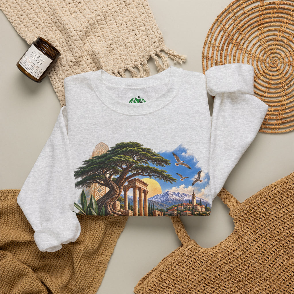 Levant Vintage Ruins Crewneck Sweatshirt | Arabic Calligraphy Landscape
