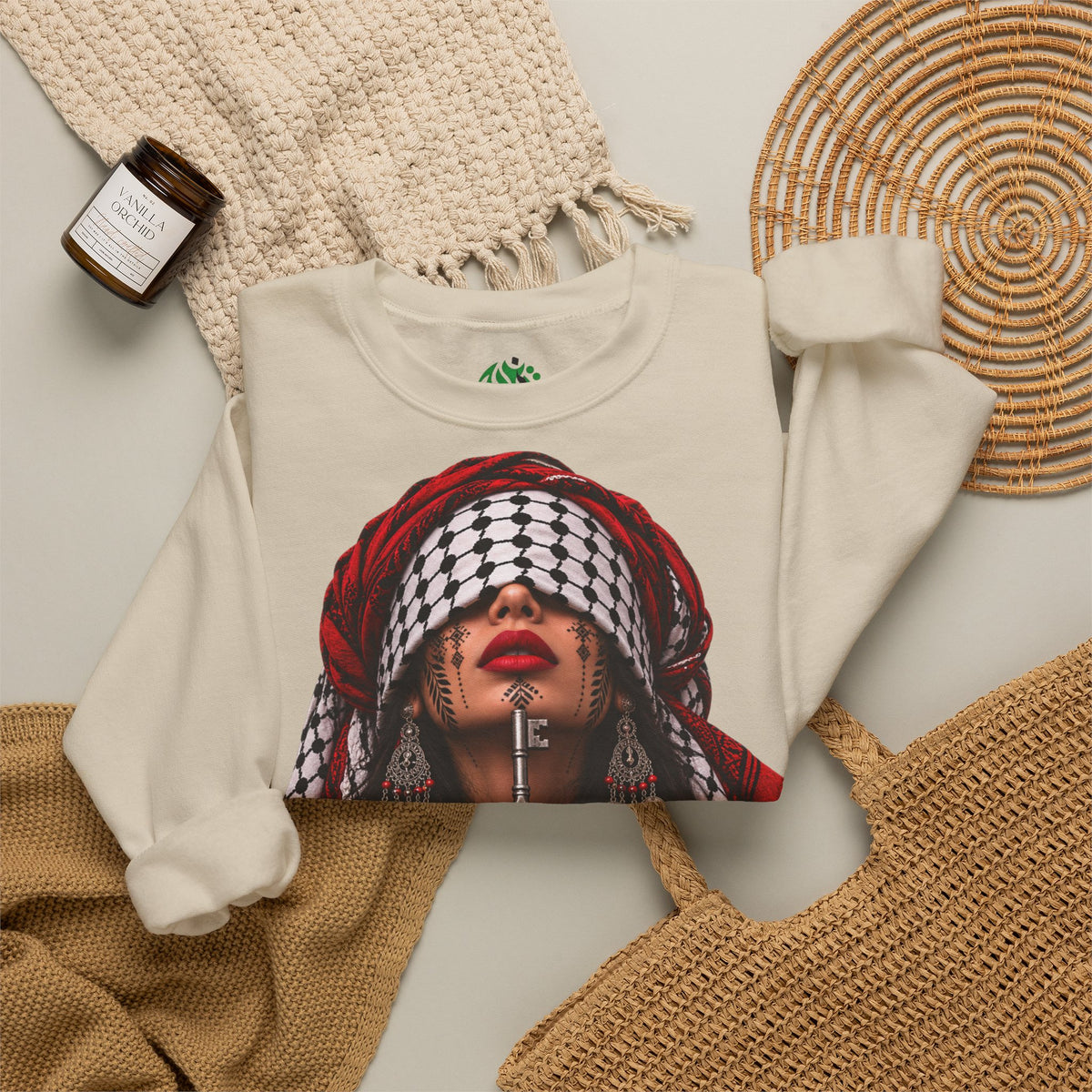 Sweatshirt graphique femme Keffieh palestinien — Pull col rond portrait de résilience