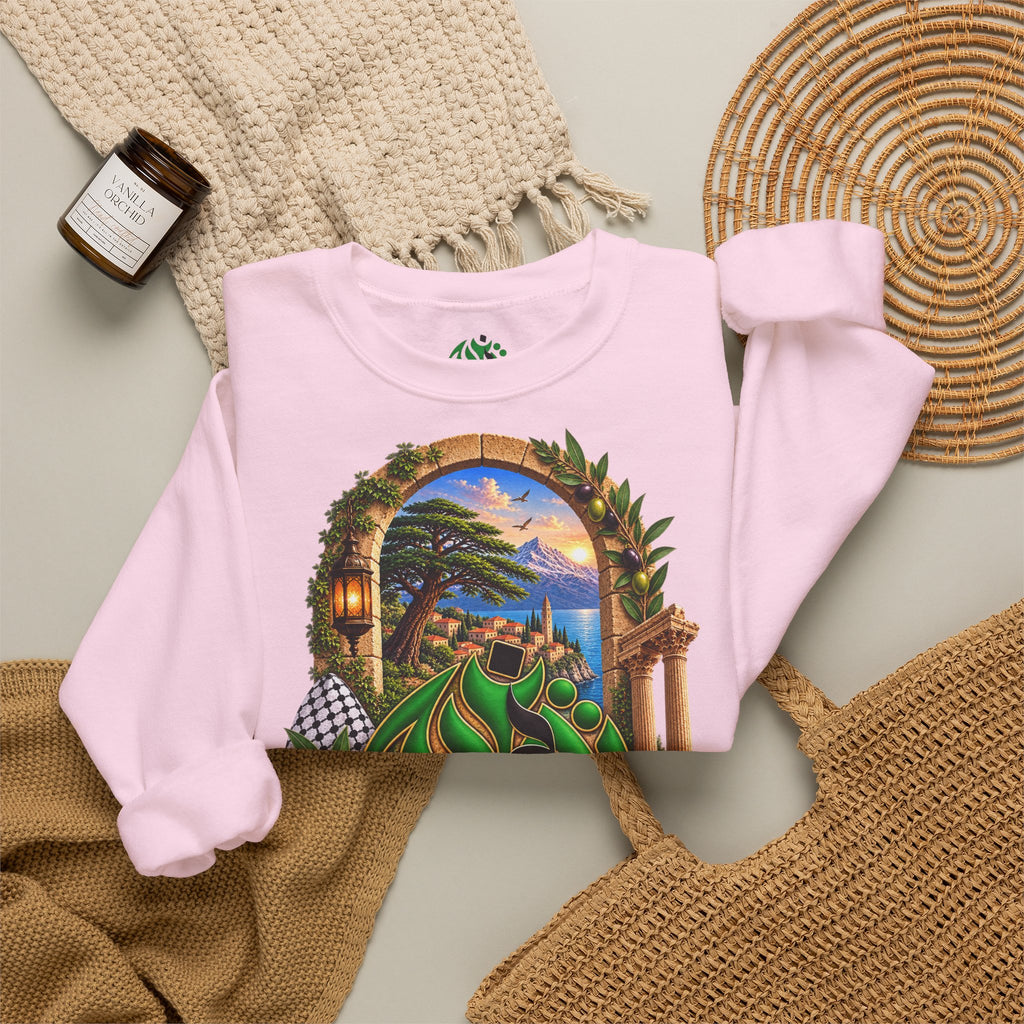Levant Arabic Calligraphy Crewneck Sweatshirt | Scenic Mediterranean Artwork