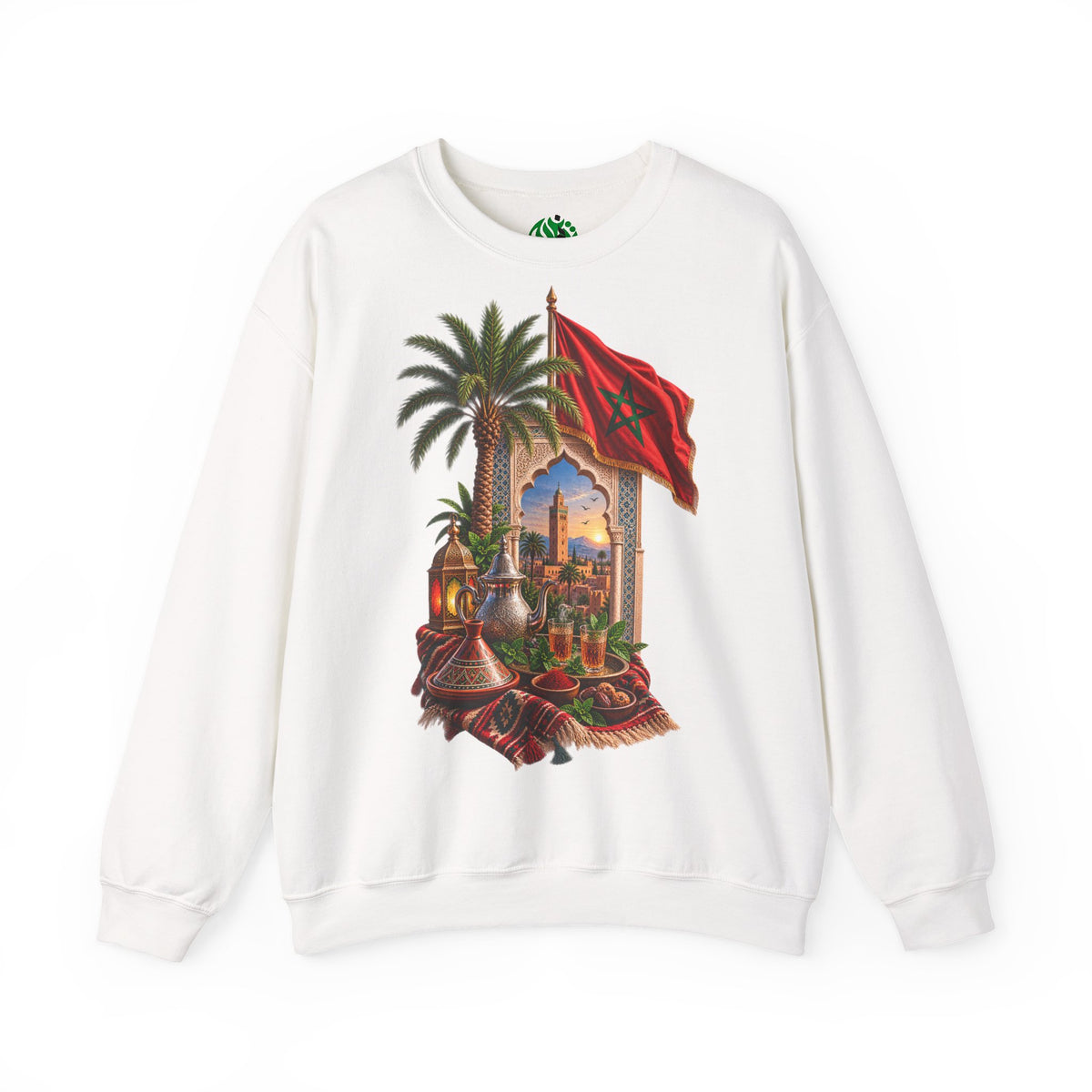 Moroccan Medley Crewneck Sweatshirt — Moroccan Flag & Desert Scene