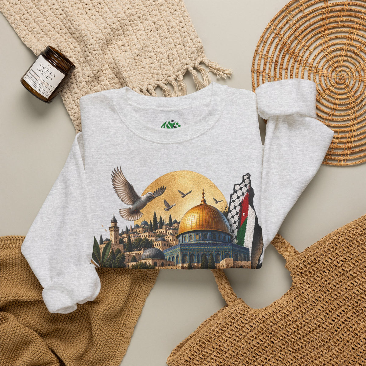 Jerusalem Dome of the Rock Illustration Sweatshirt | Arabic Calligraphy, Palestinian Flag