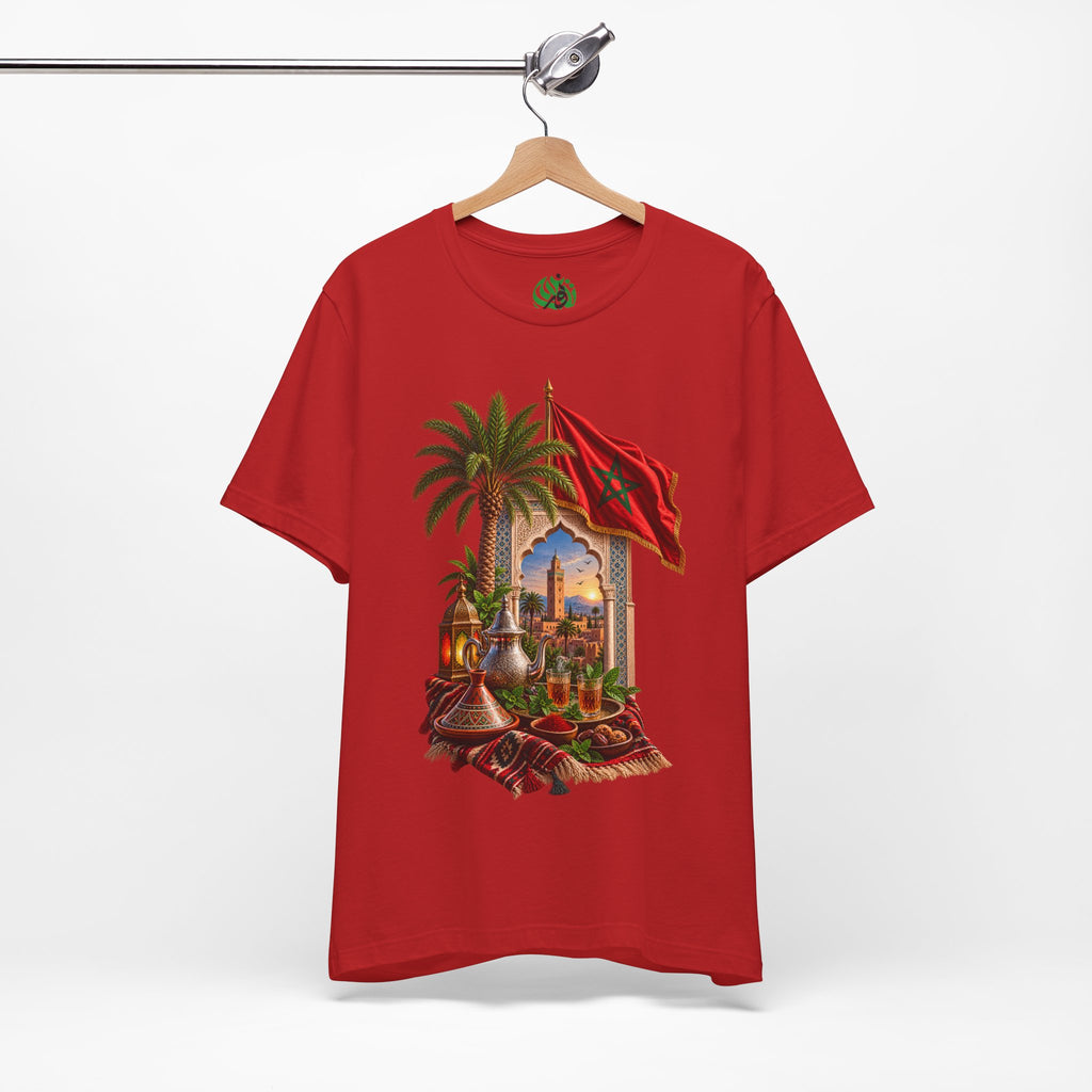 Moroccan Flag Medina Scene T-Shirt | Palm Tree, Lanterns, Tea Set