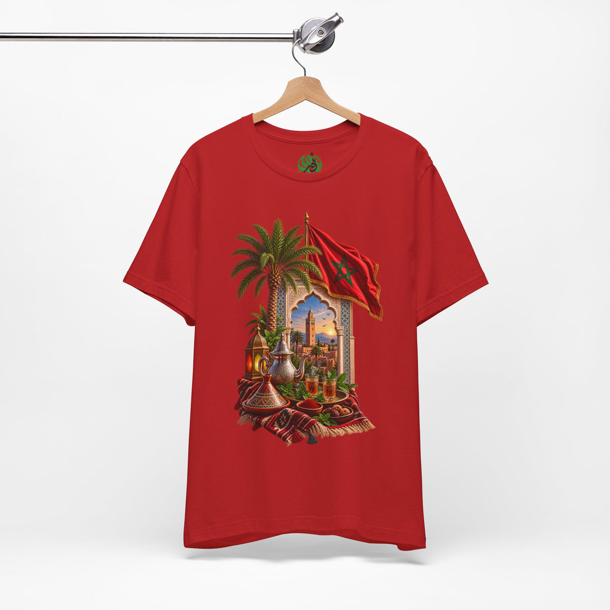 Moroccan Flag Medina Scene T-Shirt | Palm Tree, Lanterns, Tea Set