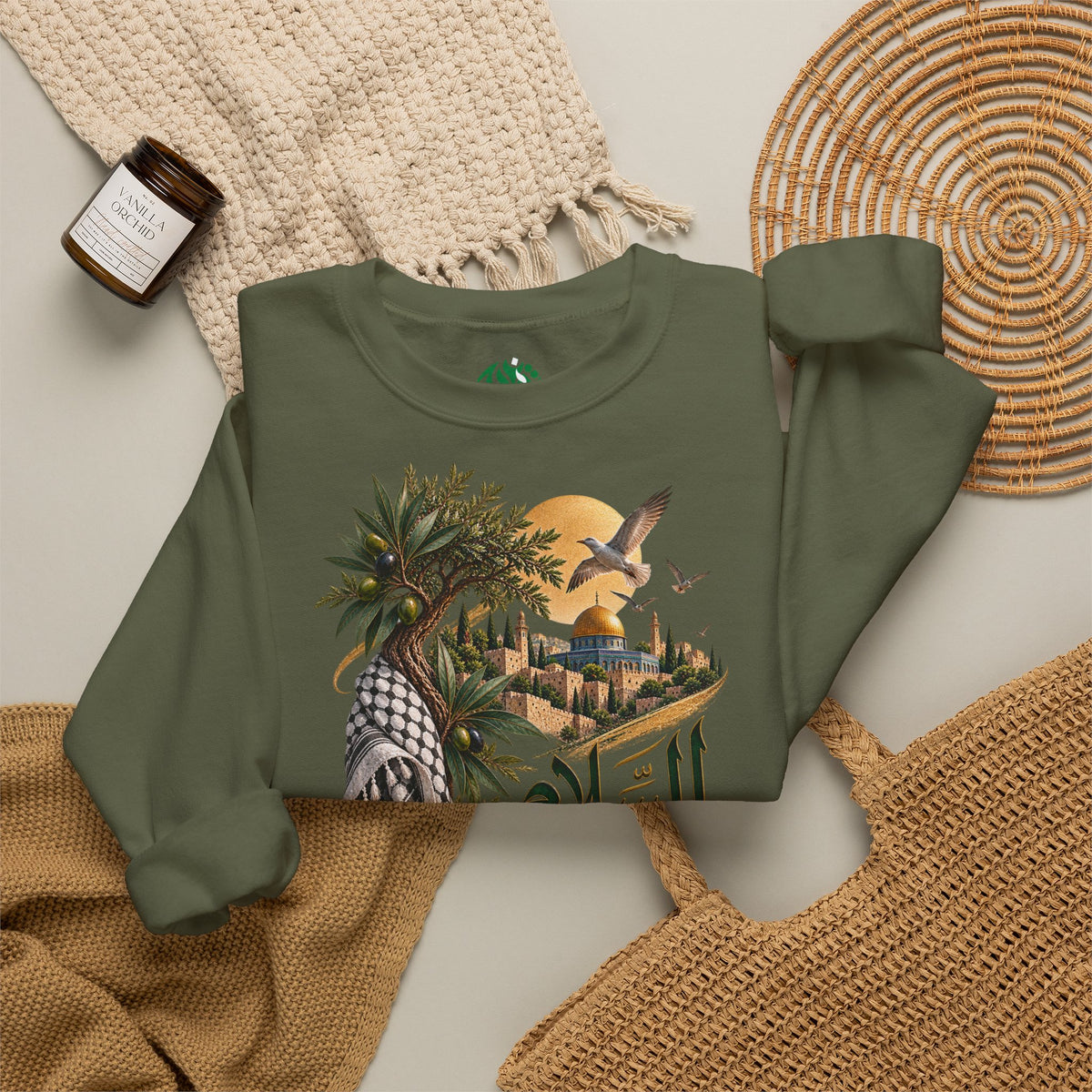 Arabic Palm Oasis Graphic Sweatshirt — "السلام" Poésie Crewneck