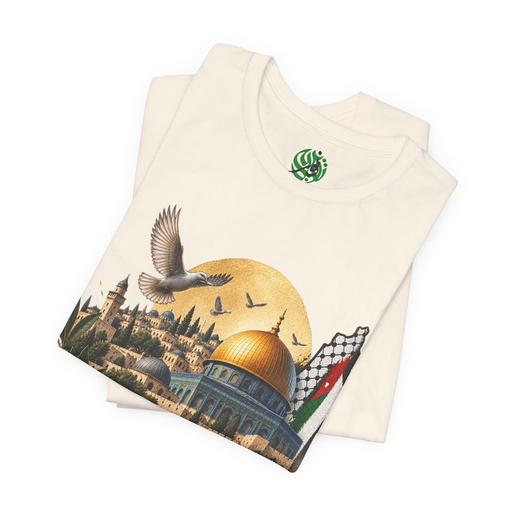 Jerusalem Dome of the Rock T-shirt | Arabic Script, Palestinian Flag, Dove