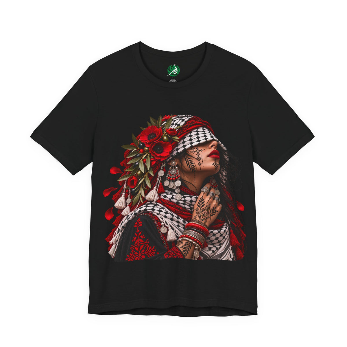 Palestinian Woman Portrait Tee | Keffiyeh Floral Illustration