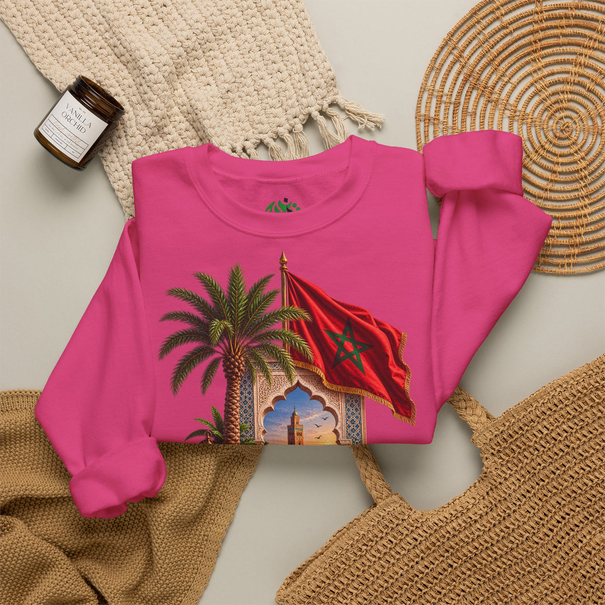 Moroccan Medley Crewneck Sweatshirt — Moroccan Flag & Desert Scene