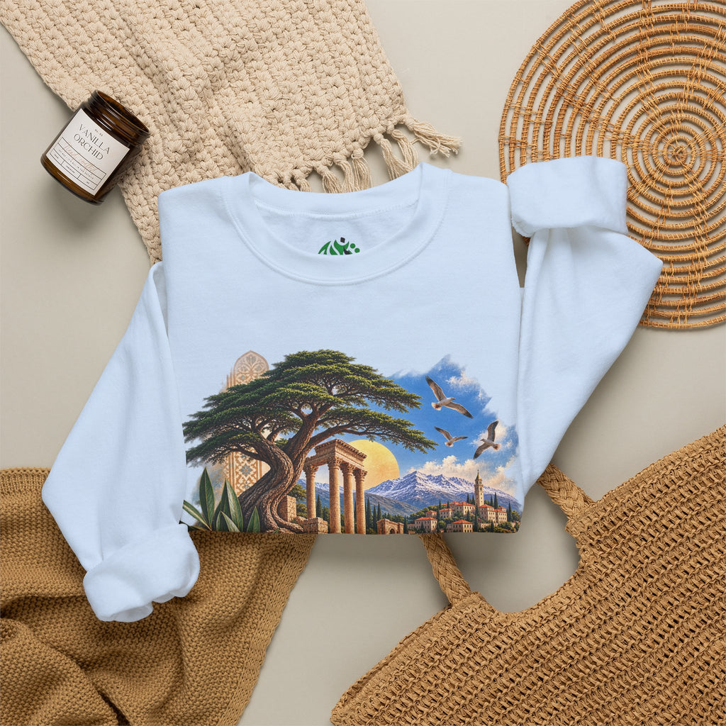 Levant Vintage Ruins Crewneck Sweatshirt | Arabic Calligraphy Landscape