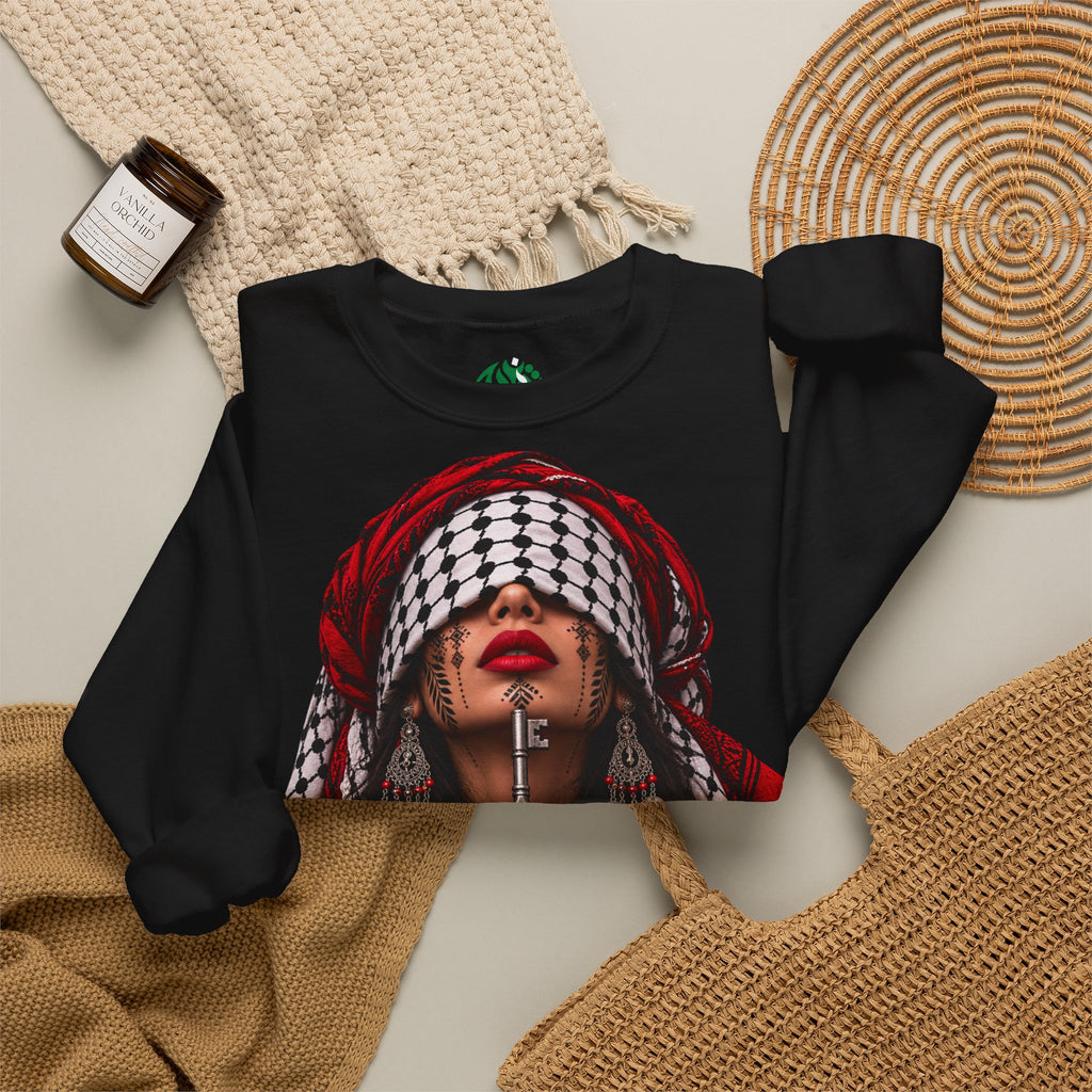 Sweatshirt graphique femme Keffieh palestinien — Pull col rond portrait de résilience