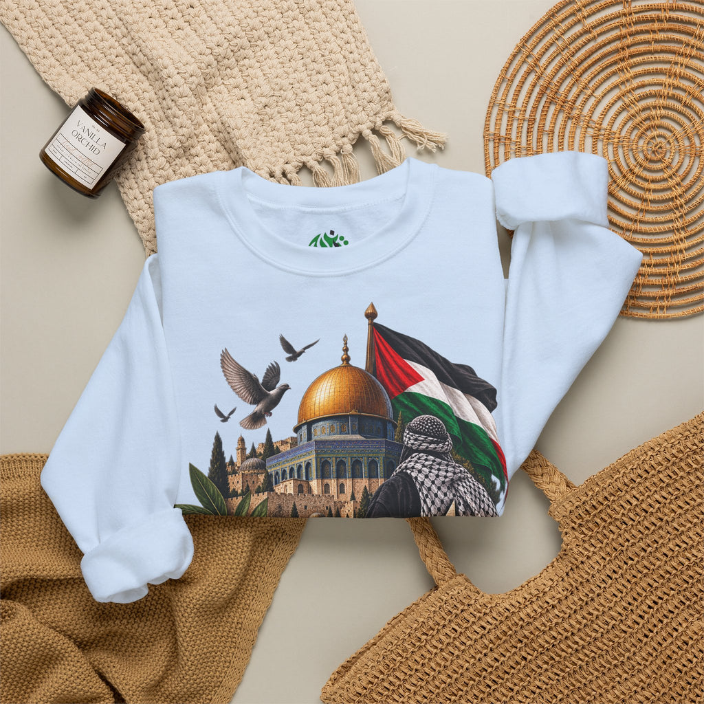 Palestine Dome of the Rock Sweatshirt — Solidarity Crewneck with Keffiyeh & Olive Branch Design