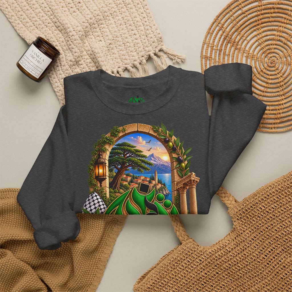 Levant Arabic Calligraphy Crewneck Sweatshirt | Scenic Mediterranean Artwork