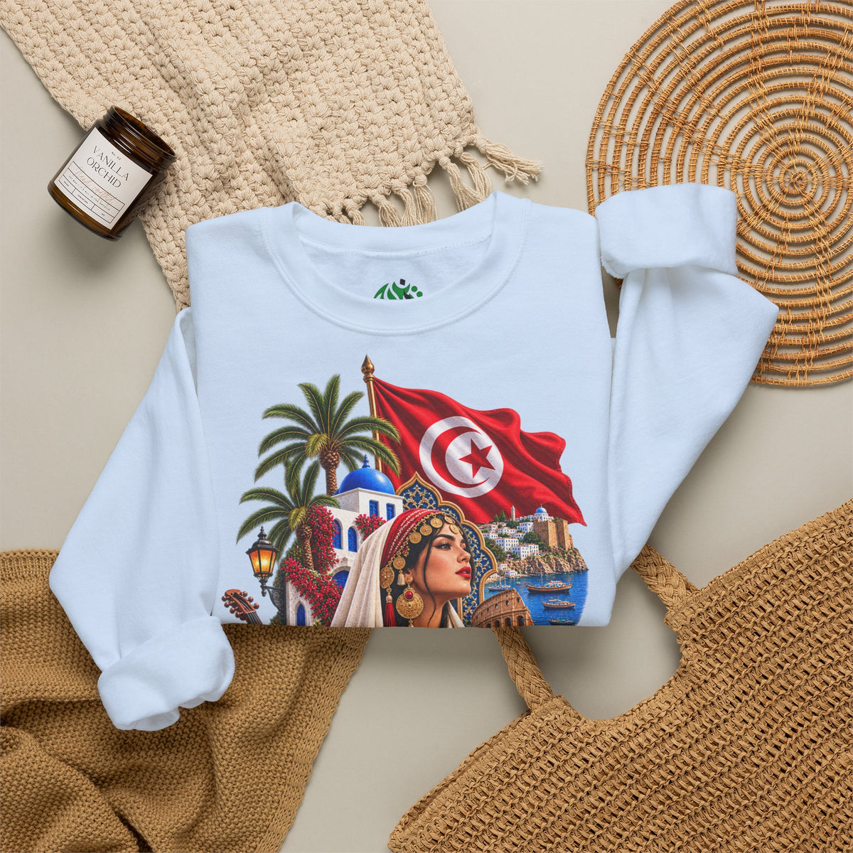 Tunisia Heritage Crewneck Sweatshirt – Tunisian Flag & Cultural Collage