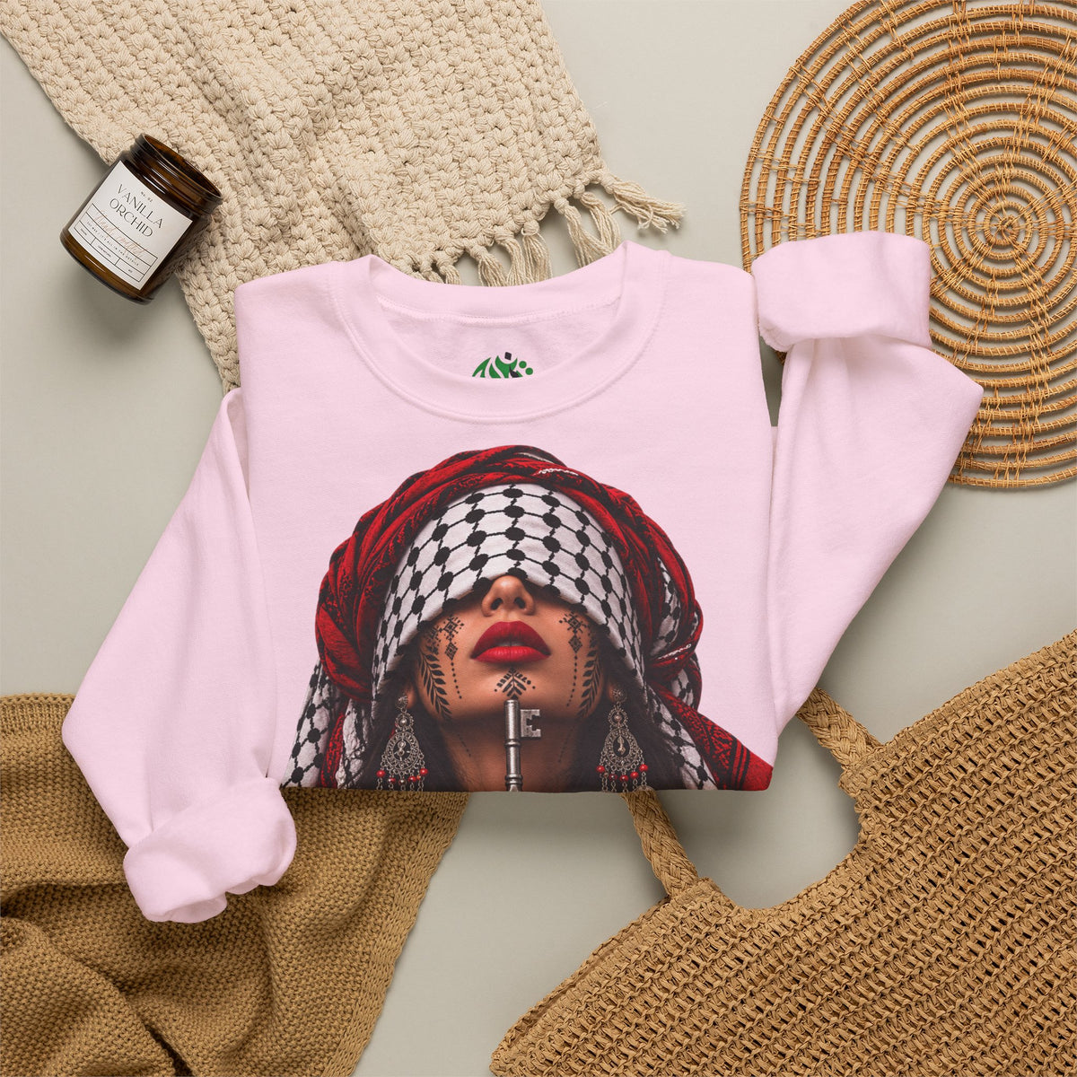 Sweatshirt graphique femme Keffieh palestinien — Pull col rond portrait de résilience