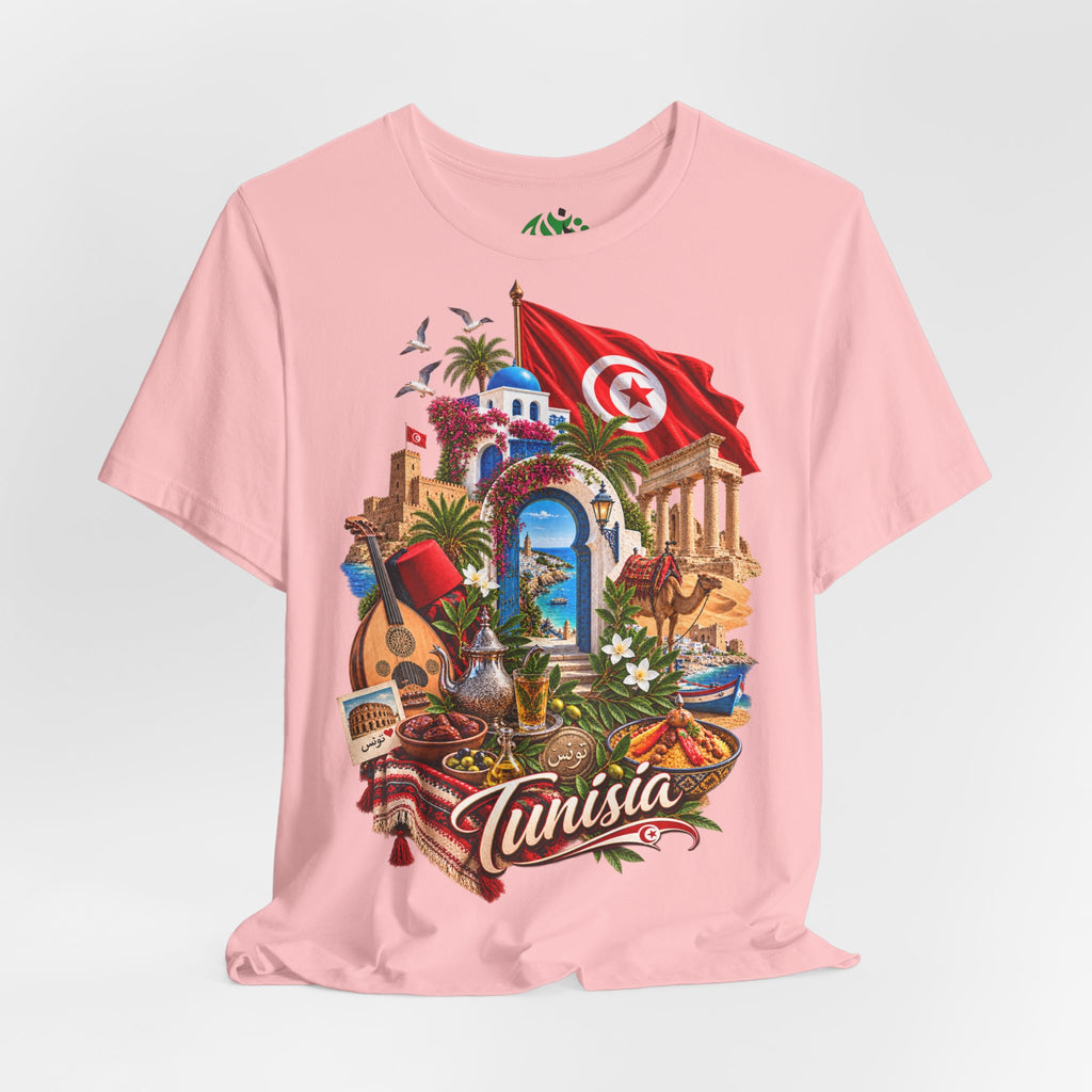 Tunisia travel collage T-Shirt | Tunis flag, medina, guitar, palm trees