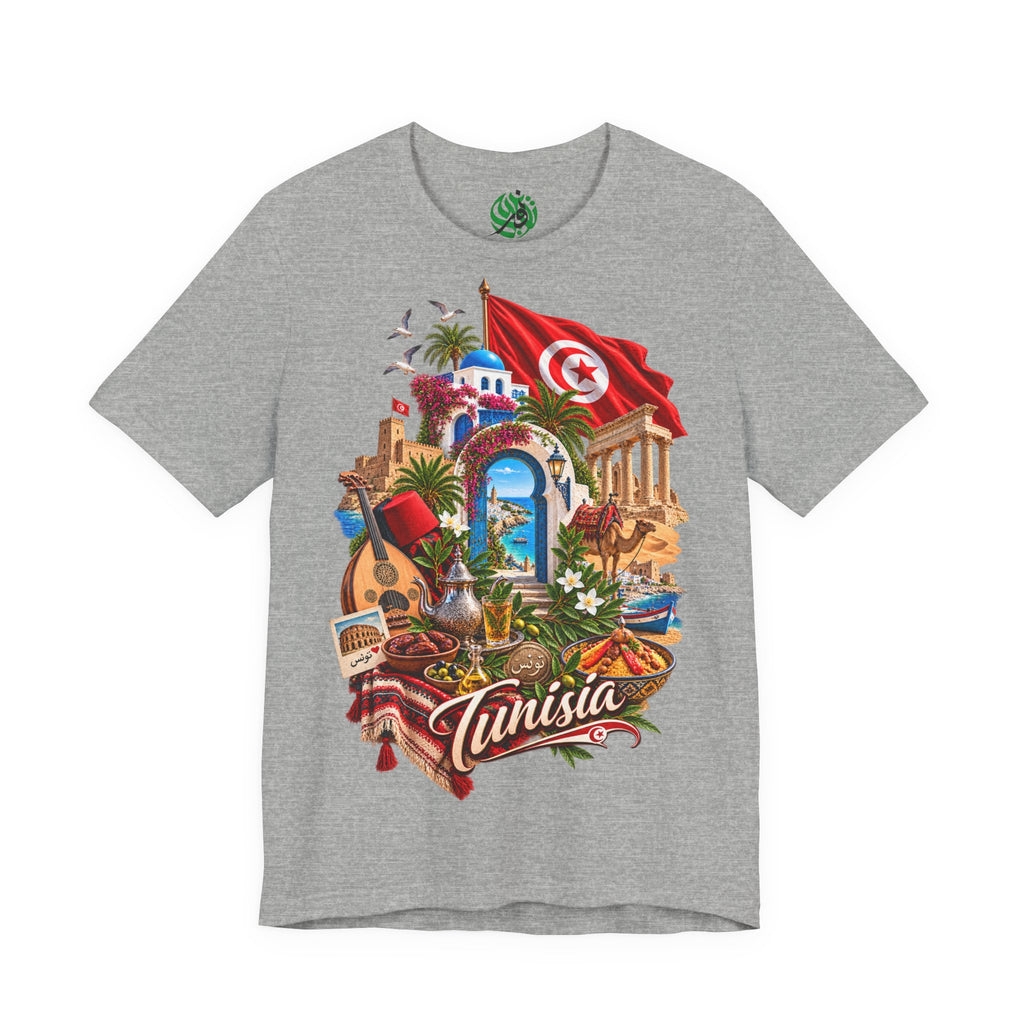 Tunisia travel collage T-Shirt | Tunis flag, medina, guitar, palm trees