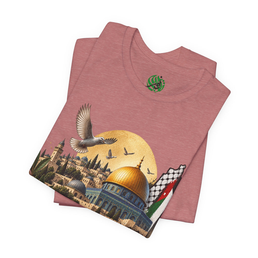 Jerusalem Dome of the Rock T-shirt | Arabic Script, Palestinian Flag, Dove