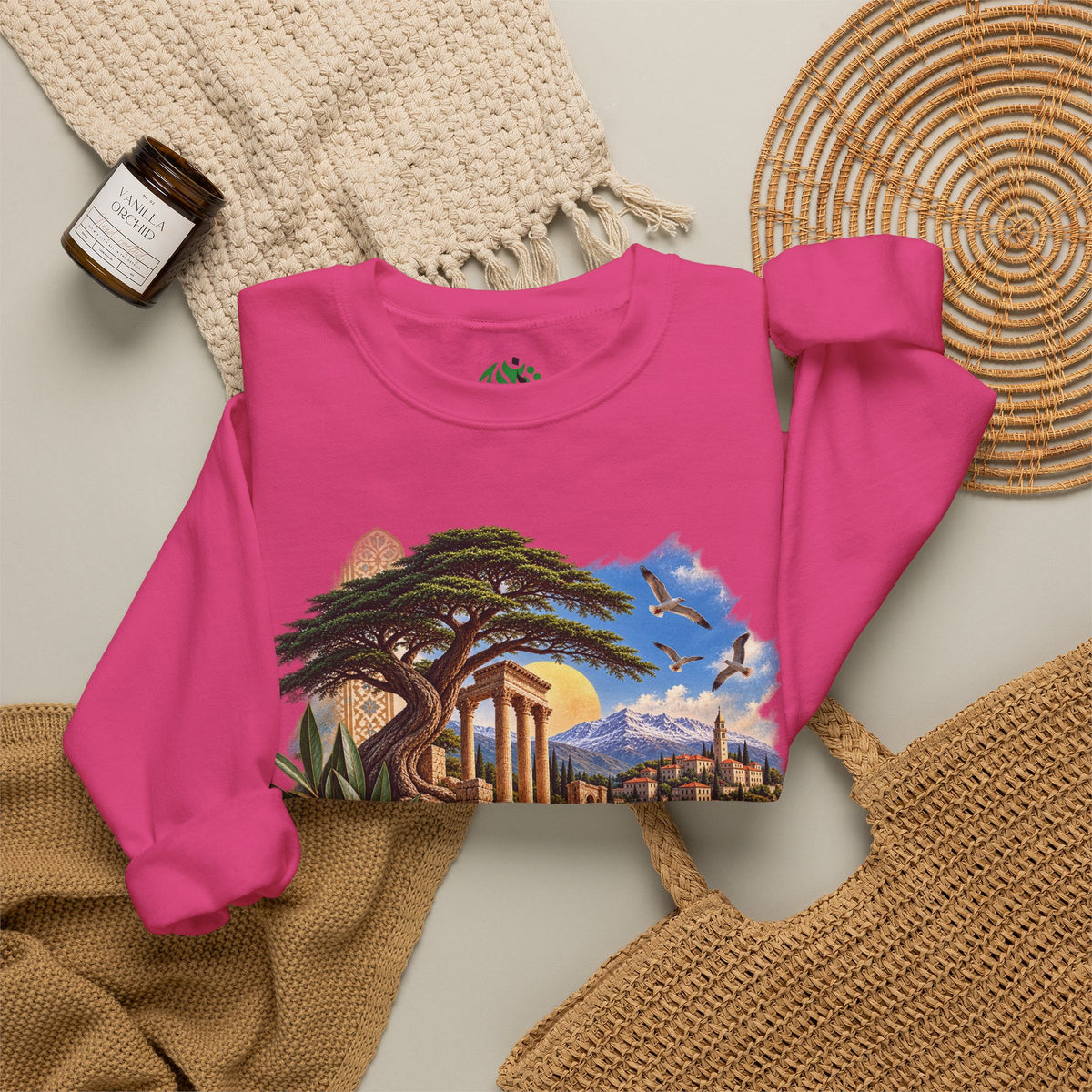 Levant Vintage Ruins Crewneck Sweatshirt | Arabic Calligraphy Landscape