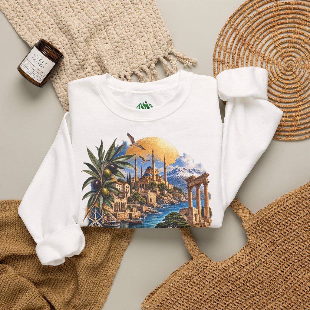 Levant vintage coastal illustration sweatshirt | Arabic script seaside scene