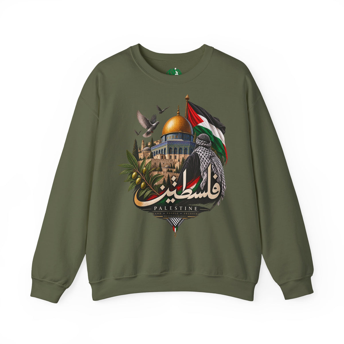 Palestine Dome of the Rock Sweatshirt — Solidarity Crewneck with Keffiyeh & Olive Branch Design