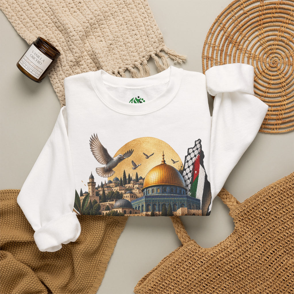 Sweat-shirt illustré du Dôme du Rocher à Jérusalem | Calligraphie arabe, drapeau palestinien