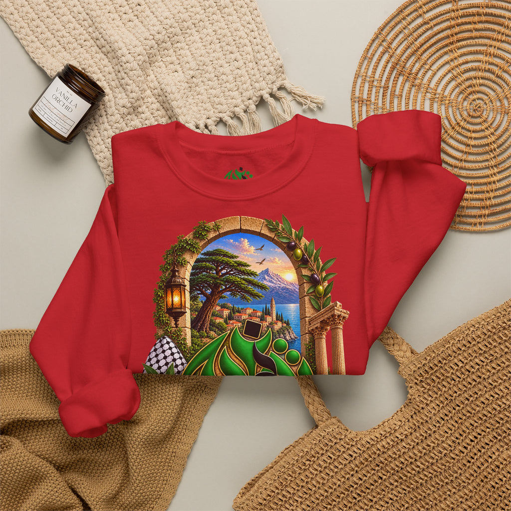 Levant Arabic Calligraphy Crewneck Sweatshirt | Scenic Mediterranean Artwork