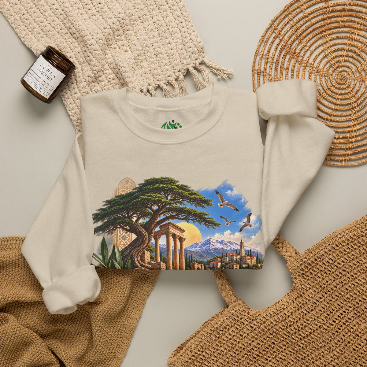Levant Vintage Ruins Crewneck Sweatshirt | Arabic Calligraphy Landscape